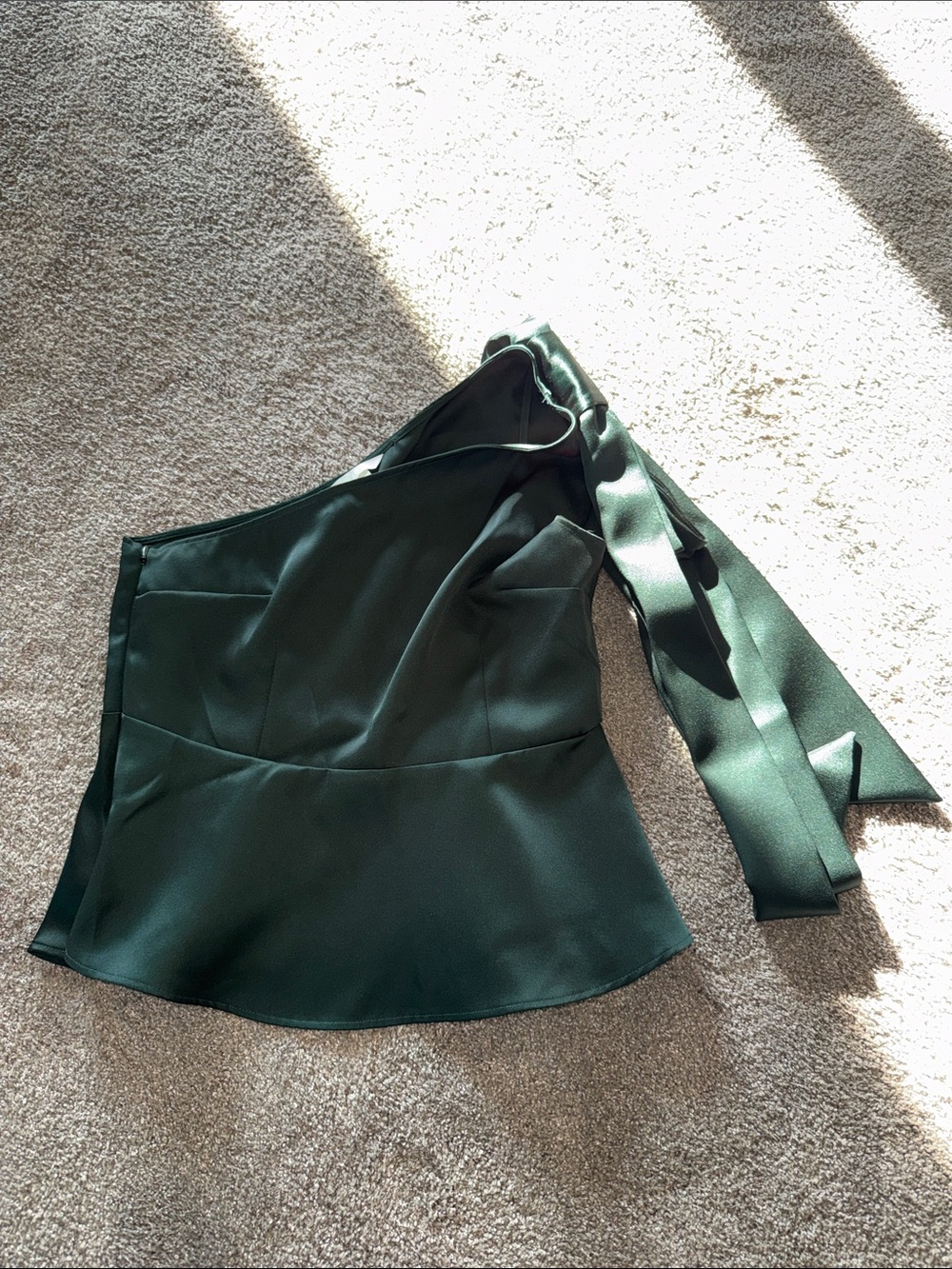 H&M One-Shoulder Dark Green Satin Dress with Shoulder Tie